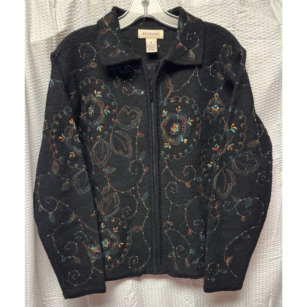Bechamel Wool Vintage Cardigan Sweater Women's M  Black Floral Beaded Embroidery
